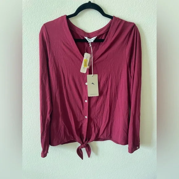 Tommy Bahama Kauai tie front button up top dark pink or red blouse - Picture 2 of 4